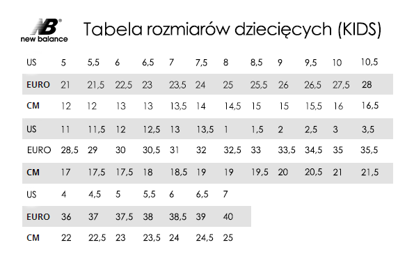 Tabela Rozmiar w New Balance TrygonSport pl Sport Street